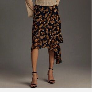Farm Rio for Anthro Navy Leopard Sparkly Paisley Asymmetrical Tiered Midi Skirt.
